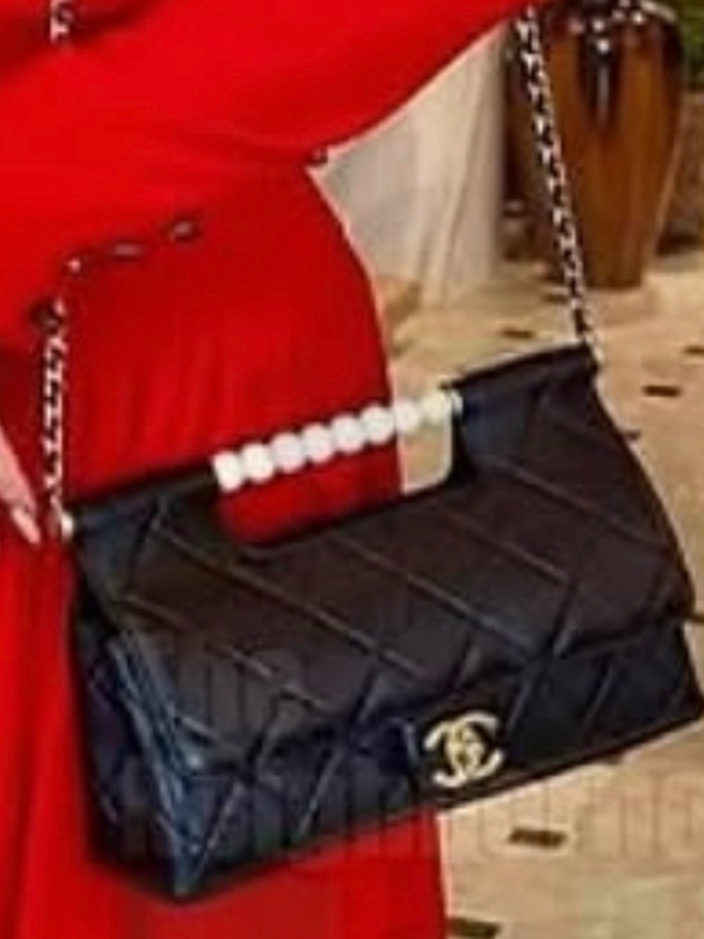 CHANEL Black Quilted Shoulder Bag with Pearl Top Handle